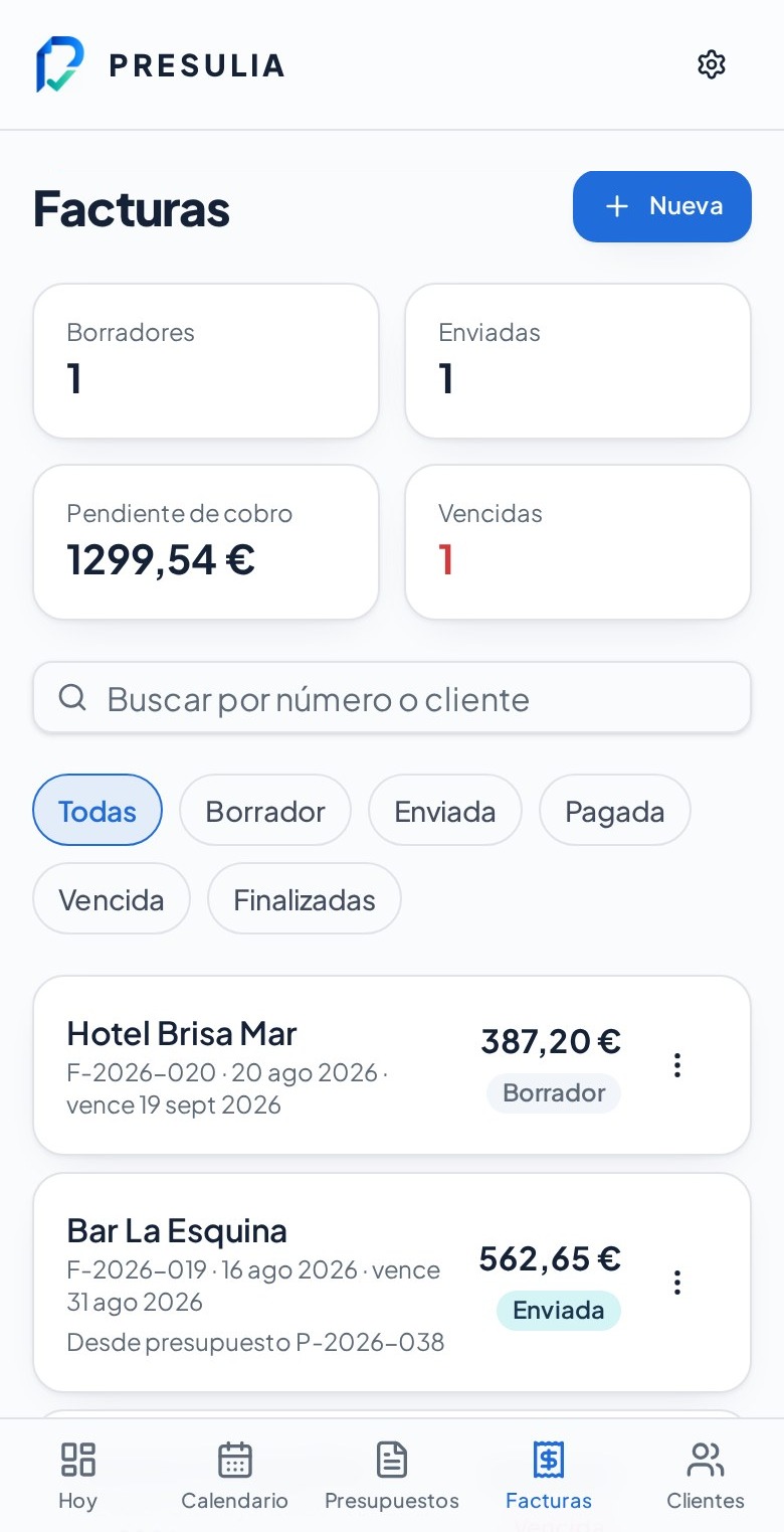 Pantalla de facturas con pendiente de cobro y facturas vencidas