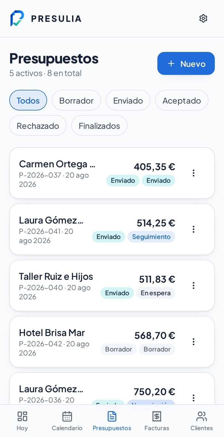 Listado de presupuestos de Presulia filtrado por estado