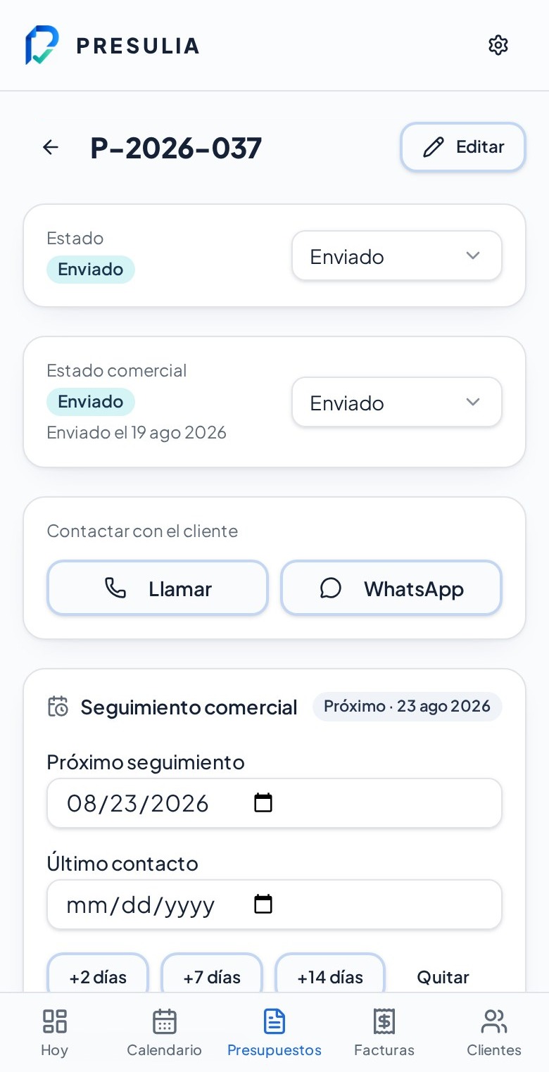 Detalle de presupuesto con botones de llamar y WhatsApp