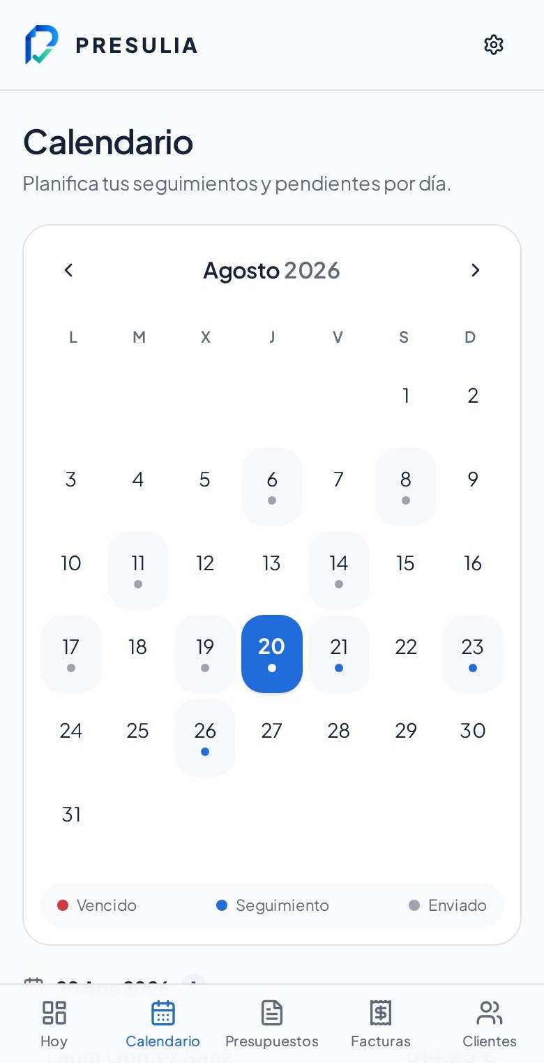 Calendario mensual con seguimientos y vencimientos marcados