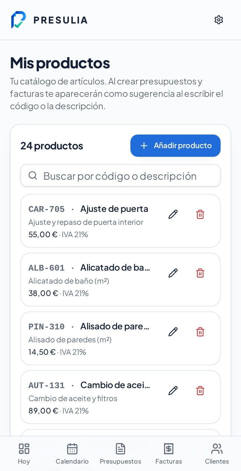 Catálogo Mis productos de Presulia con buscador